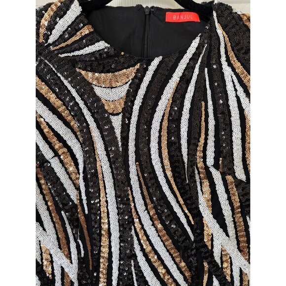 Banjul Womens Sequin Cap Sleeve Mini Dress Small Black Gold White - Picture 8 of 16